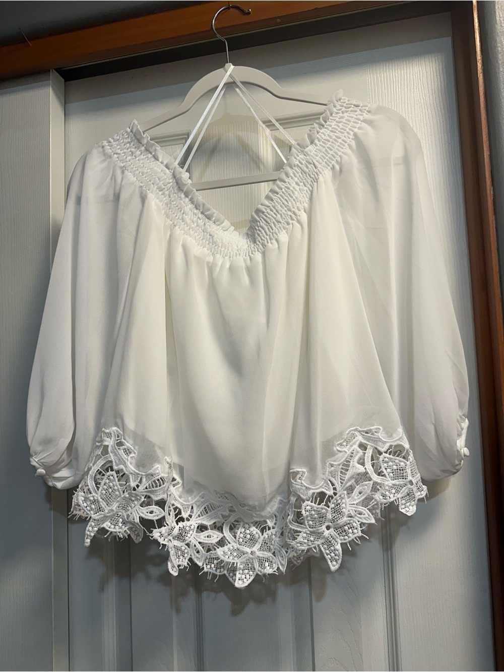 All in Favor White Off-Shoulder Blouse with Floral Lace Hem